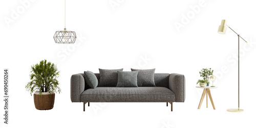 Modern grey sofa in living room on on transparent background.3d rendering photo
