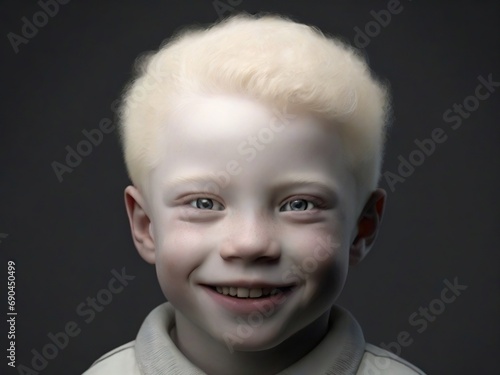 Smiling albino boy. Perfect for Albinism Awareness and International Albinism Awareness Day. Beautiful child with white hair is smiling.