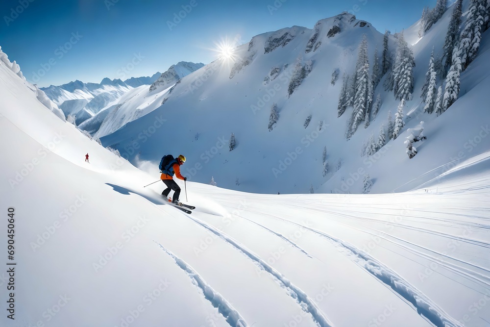 A snowy mountain peak, where a lone skier carves fresh tracks down powdery slopes, leaving behind a trail of pristine white.

