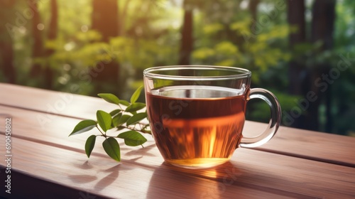 A cup of tea with copy space, blurred nature background. 