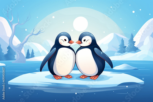 cartoon illustration of a pair of penguins  loving each other