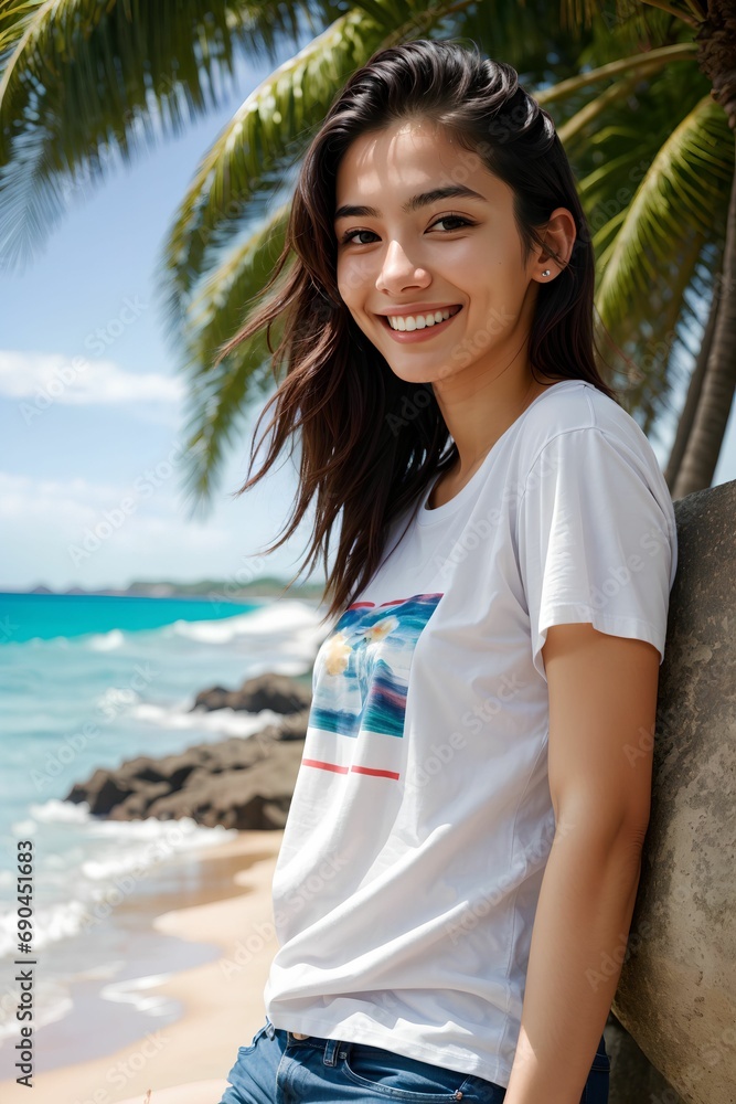 Young Woman Enjoying the Beach in a Bright, Trendy T-Shirt Young Woman Enjoying the Beach in a Bright, Trendy T-Shirt
