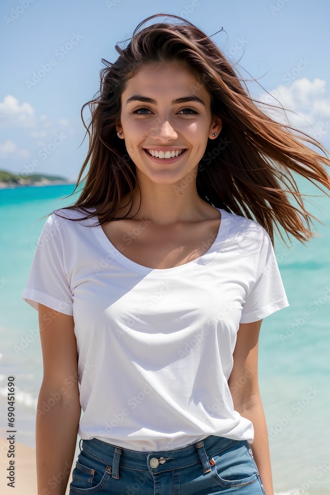 Young Woman Enjoying the Beach in a Bright, Trendy T-Shirt Young Woman Enjoying the Beach in a Bright, Trendy T-Shirt