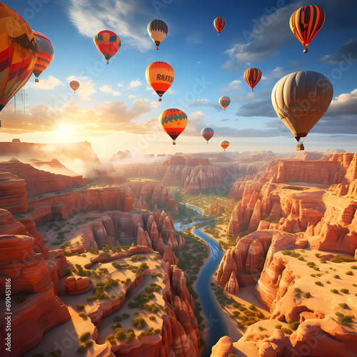 A cluster of hot air balloons drifting over a canyon