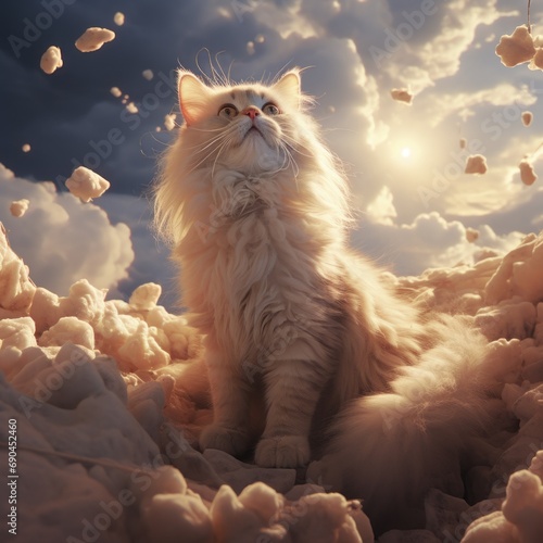 a fluffy cat in the top of cloud photo