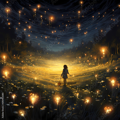 A field of fireflies lighting up the night