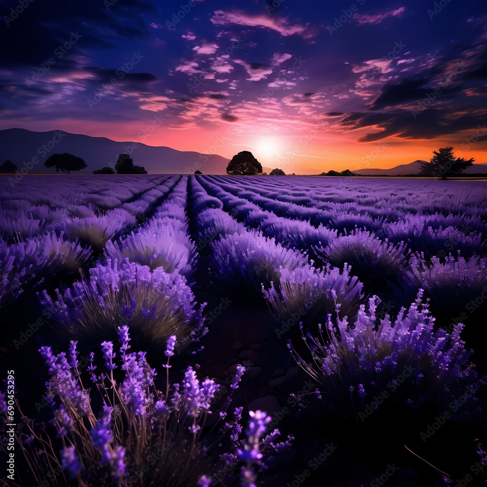 A field of lavender under a full moon