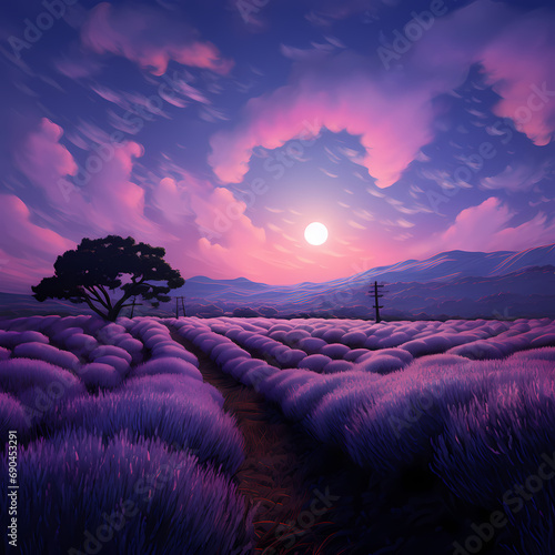 A field of lavender under a full moon