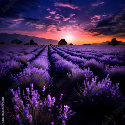 A field of lavender under a full moon