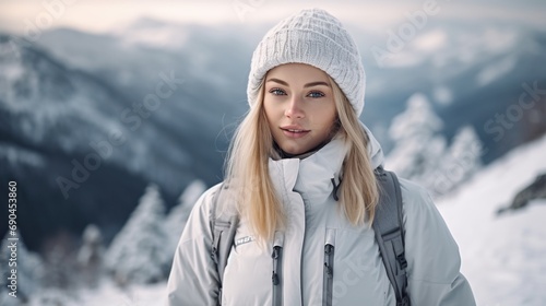 Portrait of a beautiful woman in warm clothes on outdoor adventure 
