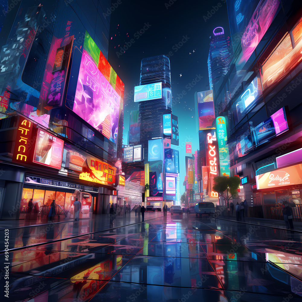 Futuristic city skyline with holographic advertisements and bustling energy