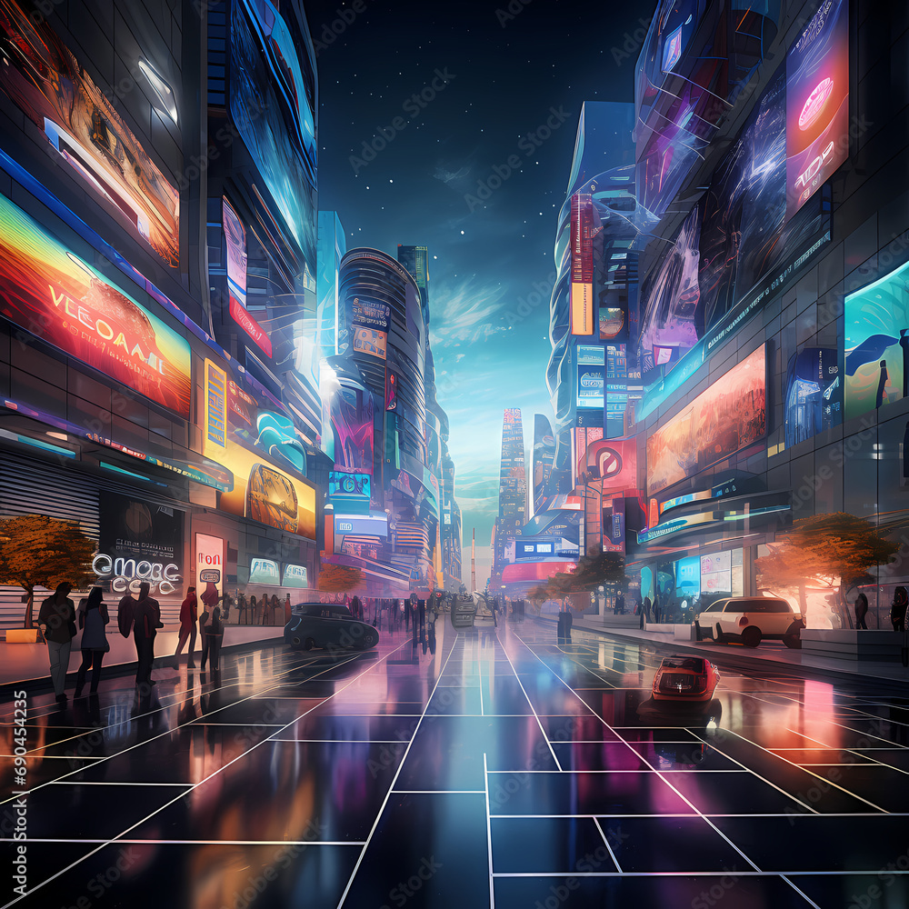 Futuristic city skyline with holographic advertisements and bustling energy