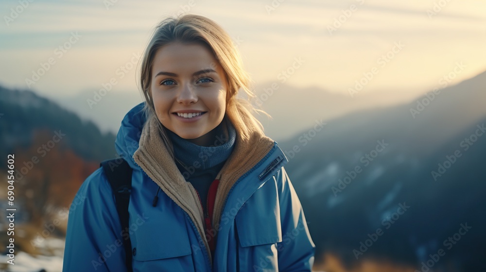 Portrait of a beautiful solo traveler young woman wearing warm clothes outdoor adventure 
