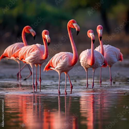 A group of flamingos in a shallow pond