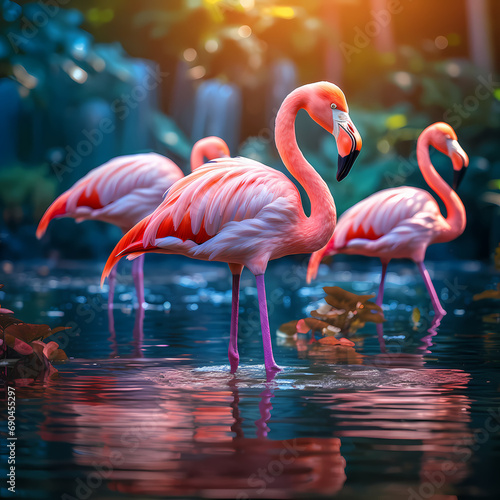 A group of flamingos in a shallow pond