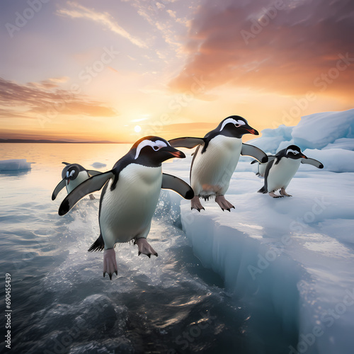 A group of penguins sliding on icy slopes