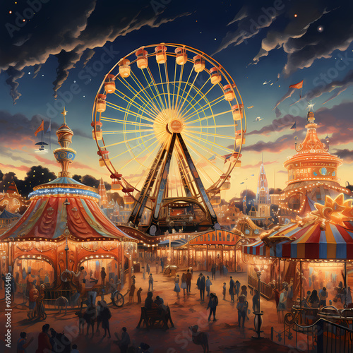 A lively carnival with a Ferris wheel and carousel photo