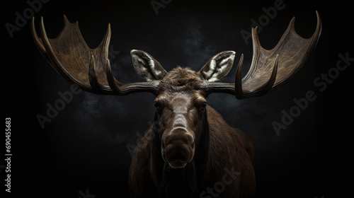 Portrait of a moose from the front on a black background © Kordiush