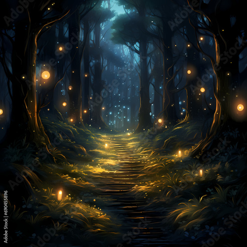 A moonlit forest with fireflies illuminating the path