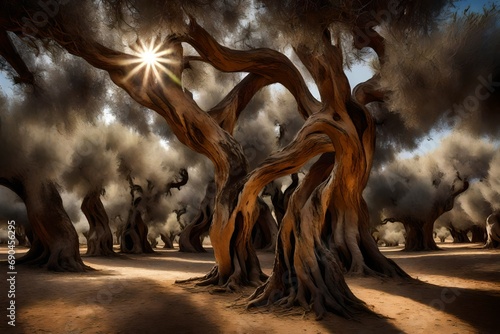 A sunlit grove of ancient olive trees, their twisted trunks creating a sense of timeless beauty. © CREATIVE AI ARTISTRY