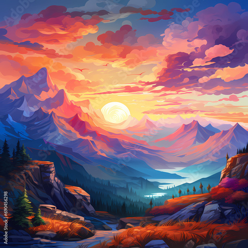 A mountain range with a colorful sunset.