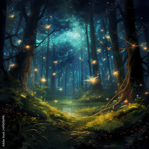 A mystical forest with glowing fireflies.