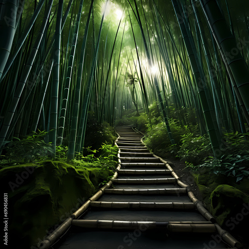 A pathway through a bamboo forest.