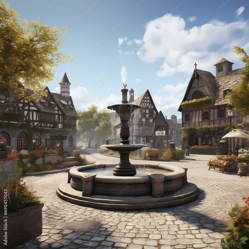 A peaceful village square with a stone fountain.