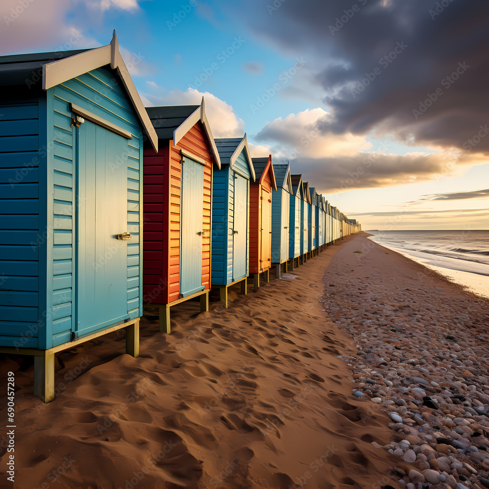 A row of beach huts on a sandy shore