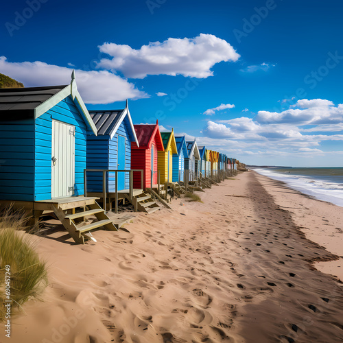 A row of beach huts on a sandy shore
