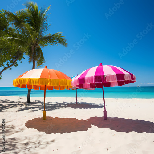 A row of colorful beach umbrellas on a tropical island.