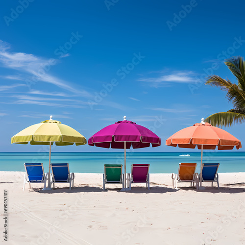 A row of colorful beach umbrellas on a tropical island.