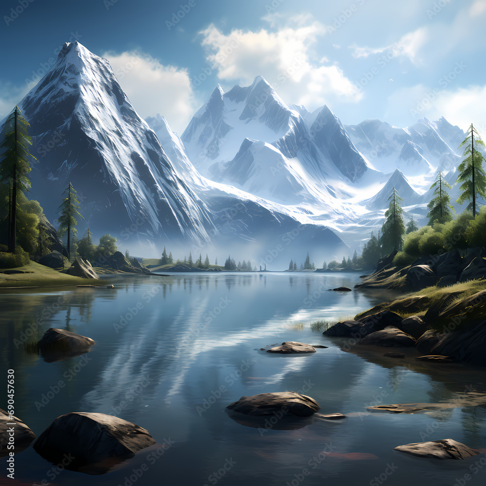 A serene lake surrounded by snow-capped mountains
