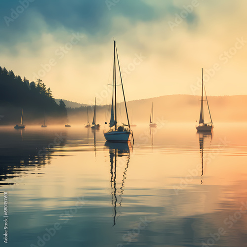 A row of sailboats on a peaceful lake