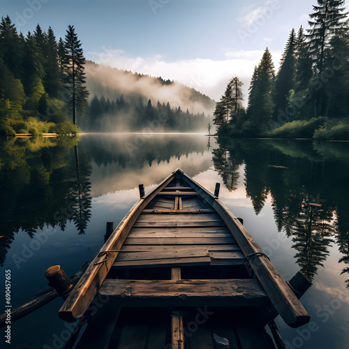A serene lake with a wooden pier and rowboat © Cao