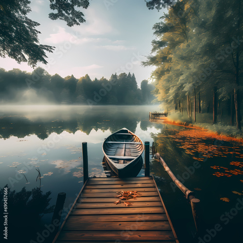 A serene lake with a wooden pier and rowboat