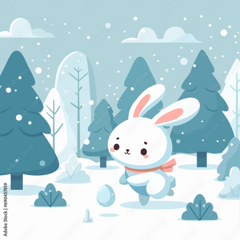 Illustration of a white rabbit playing with eggs in snowy nature Illustration of a white rabbit playing with eggs in snowy nature