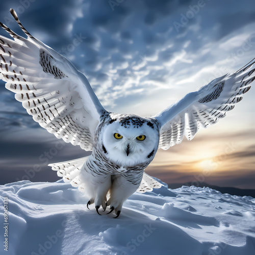 A snowy owl in flight against a winter sky