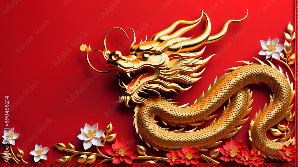 Chinese new year 2024. Chinese gold dragon with flower on red background. Festival in china. Created with AI