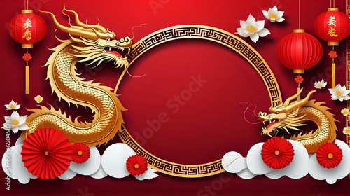 Wallpaper Mural Chinese new year 2024 celebration banner. Gold dragon with flower and red lanterns frame on red background. Generated with AI Torontodigital.ca