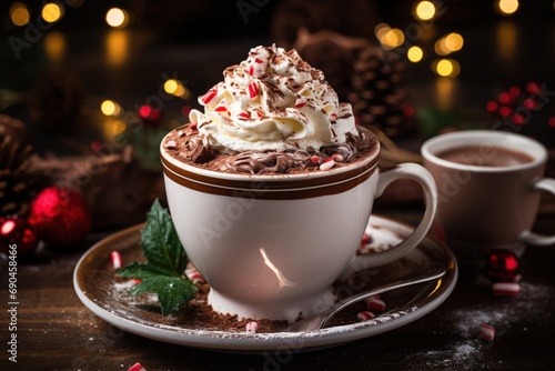 a big christmas mug filled with hot chocolate milk with whipped cream,