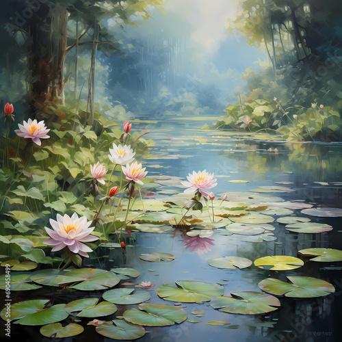 A tranquil pond with water lilies and dragonflies