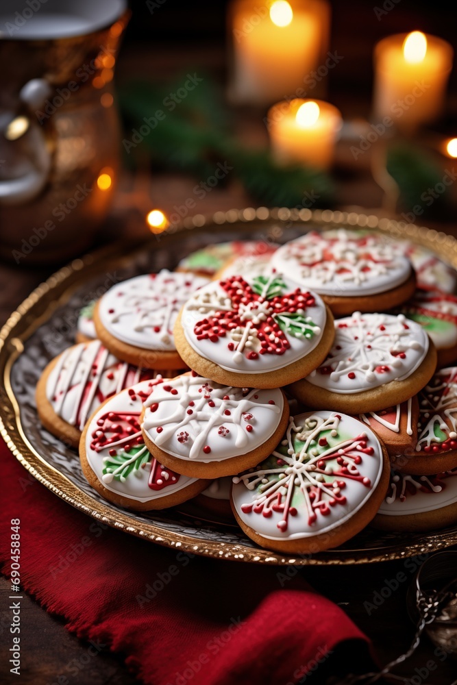 a plate with glazed Christmas cookies, on a decorated table, Christmas colors a plate with glazed Christmas cookies, on a decorated table, Christmas colors