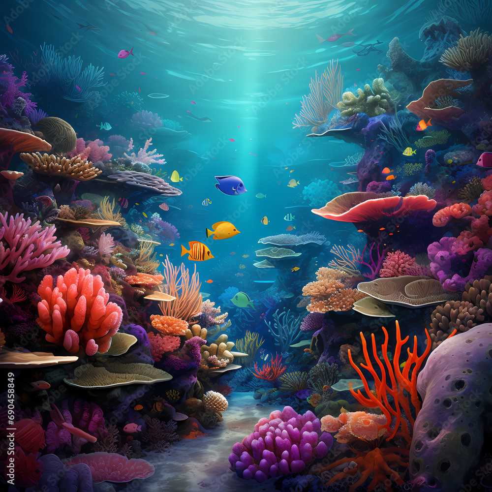 A vibrant coral reef teeming with underwater life