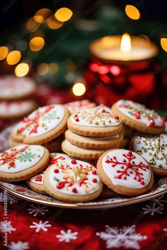 a plate with glazed Christmas cookies, on a decorated table, Christmas colors a plate with glazed Christmas cookies, on a decorated table, Christmas colors