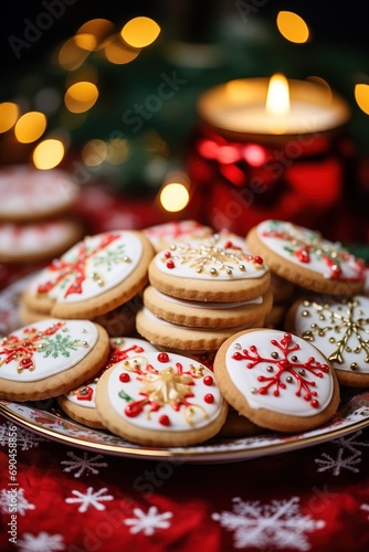 a plate with glazed Christmas cookies, on a decorated table, Christmas colors © omachucam