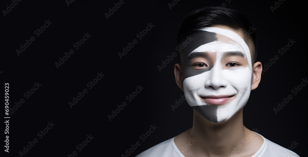 portrait of young asian man with face mask on black background portrait of young asian man with face mask on black background