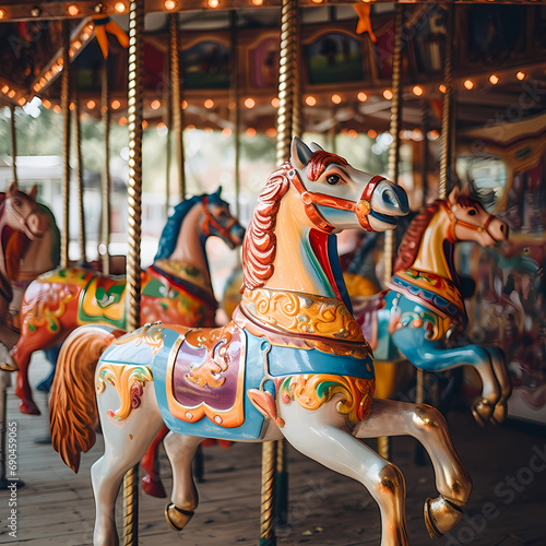 A whimsical carousel with brightly painted horses