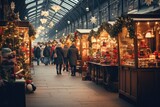 Holiday market scene with festive stalls and shoppers. Seasonal tradition and commerce.