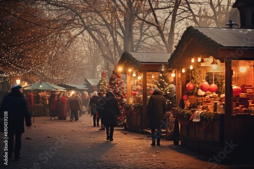 Twilight at festive outdoor Christmas market with bustling holiday shoppers. Seasonal tradition.